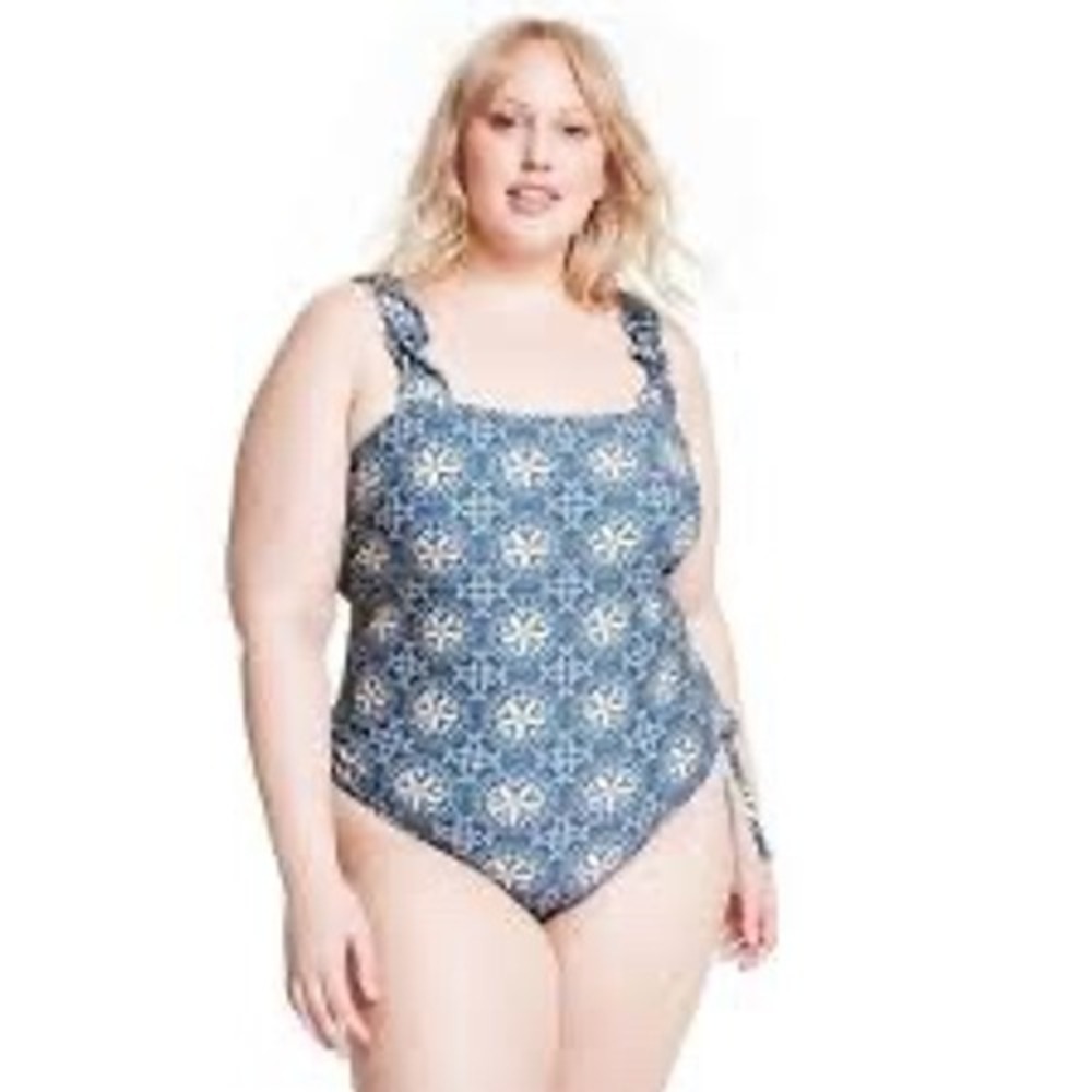 Agua Bendita x Target Blue Floral Medallion One Piece Swimsuit 2X Ruffle Boho
